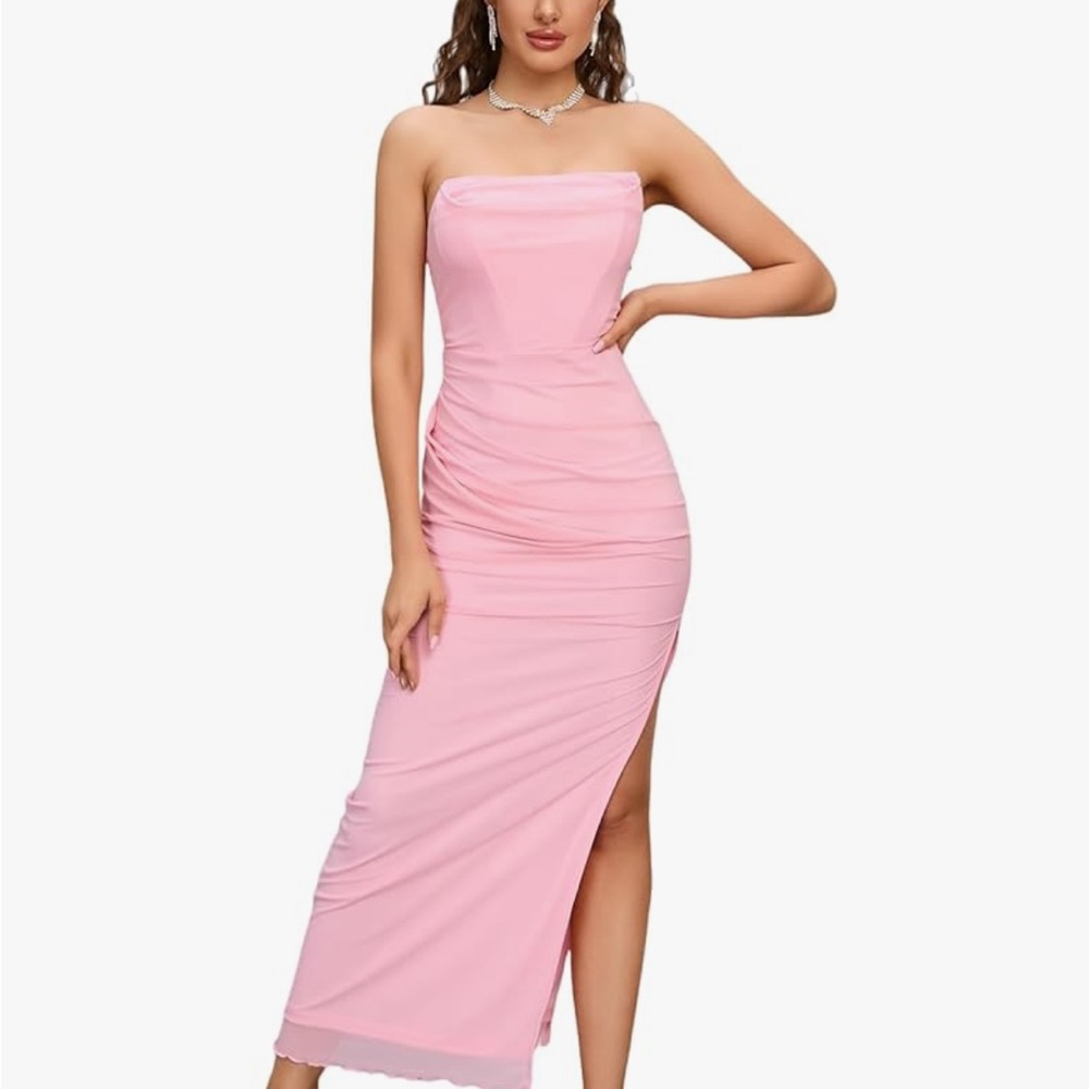 Pink Strapless Ruched Bodycon Dress with Slit